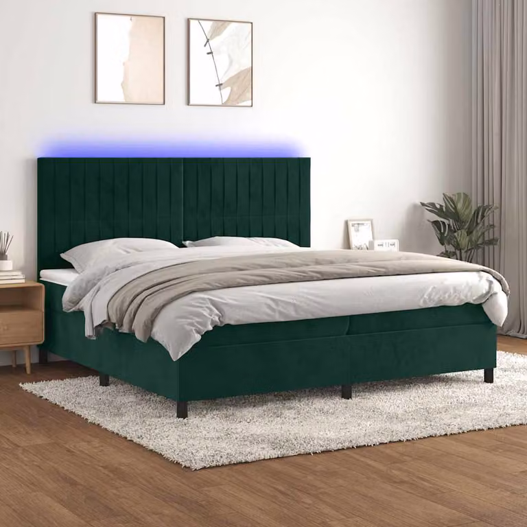 vidaXL Letto Ibrido con Materasso e LED Verde Scuro in Velluto L/P: 200 x 200 cm