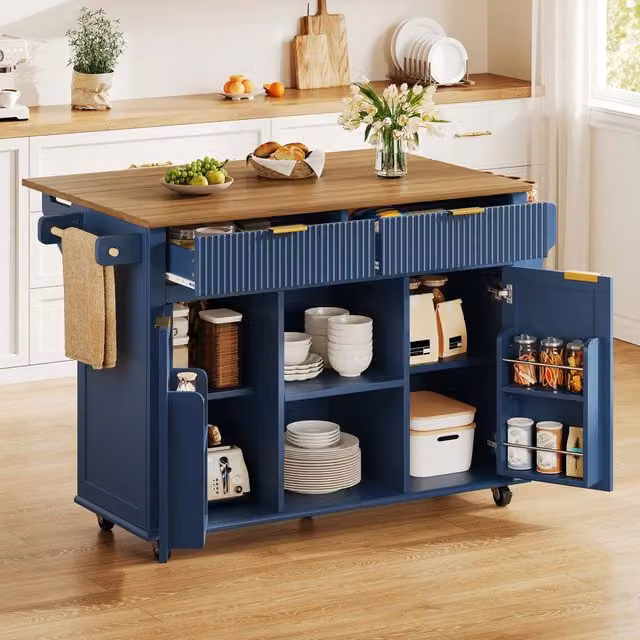 Carrello da cucina con piano ribaltabile, 2 cassetti, 2 ante e portaspezie, blu e marrone, 143 × 45 × 89.5 cm