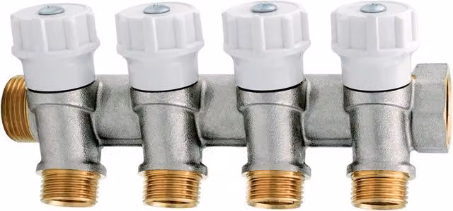 Collettore ITAP a 4 vie con rubinetto d'arresto integrato in ottone nichelato 1/2" - Set da 4 pezzi
