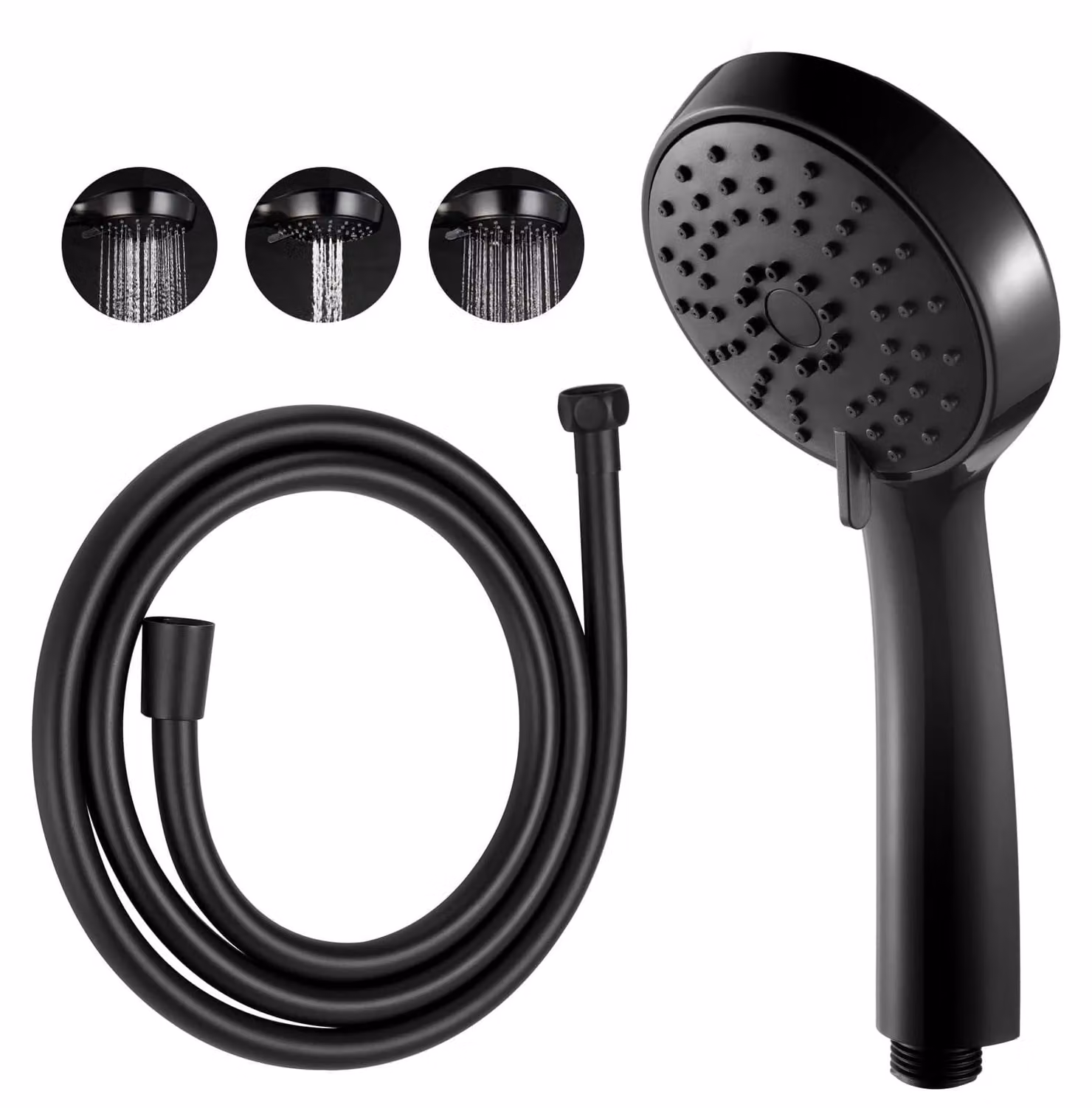 Doccia con soffione e tubo flessibile, tubo flessibile da 1,6 metri, con 3 modalità di erogazione, soffione con tubo flessibile a risparmio idrico, doccetta manuale per il bagno, cromata, rotonda, diametro 10 cm, finitura nera