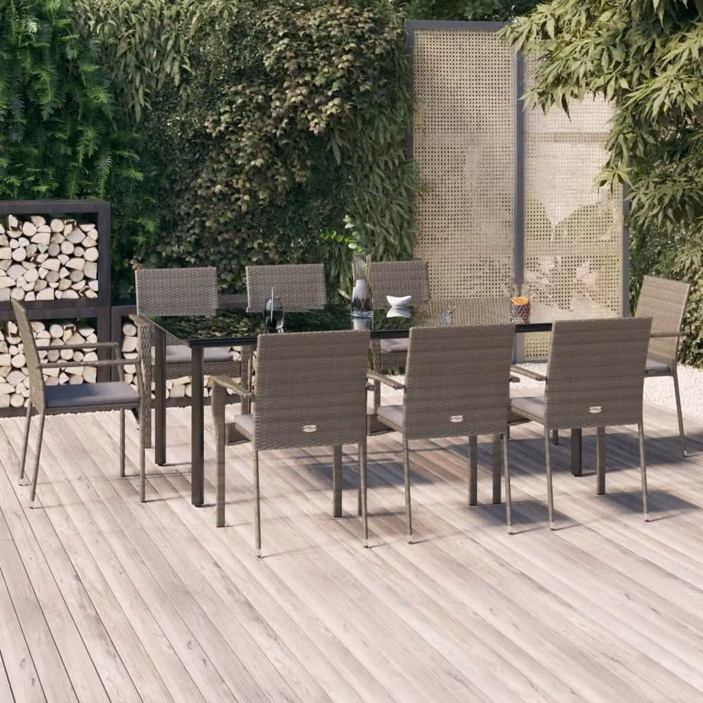 vidaXL Set da Pranzo da Giardino Moderno in Polyrattan con Tavolo in Vetro e 9 Cuscini, Nero e Grigio