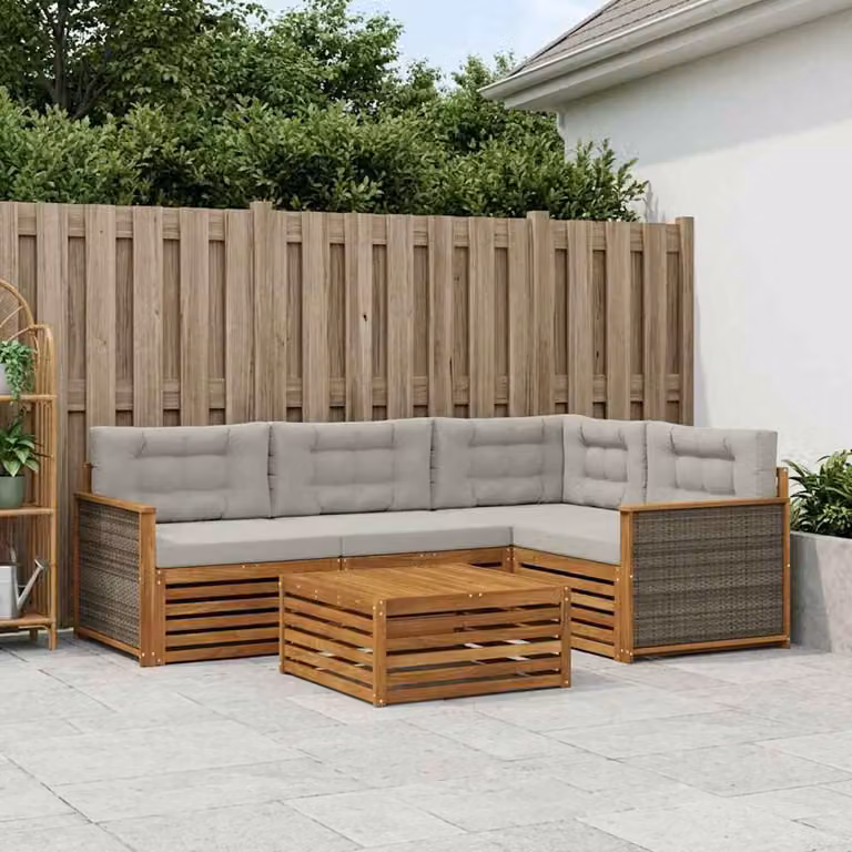 Set di divani da esterno vidaXL a forma di L in legno di acacia con cuscini, beige e grigio