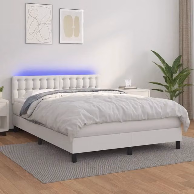 Letto con contenitore a molle e materasso con illuminazione LED e porta USB vidaXL, Similpelle Bianco, L/P/H: 140 x 190 cm – 1