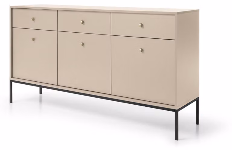 Comò con tre cassetti e tre ante, color beige, maniglie nere