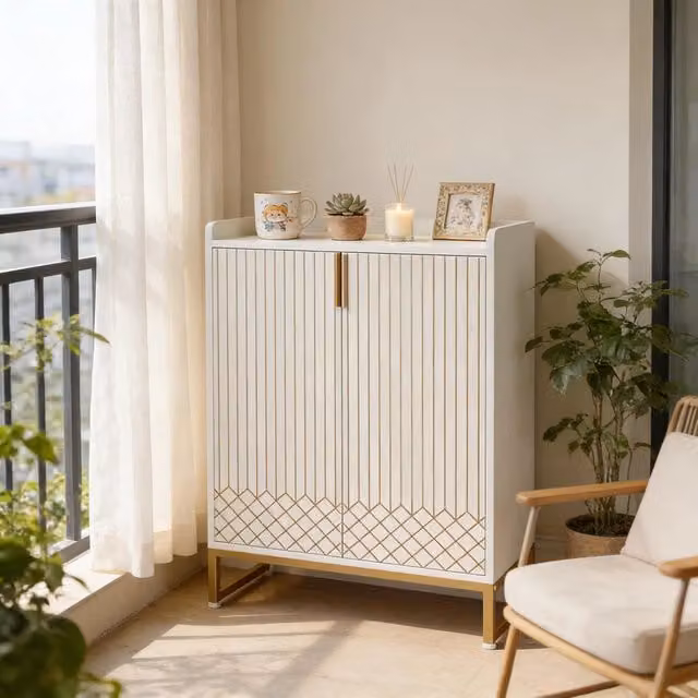 Scarpiera moderna con 2 ante e 5 livelli in legno e metallo bianco e oro, ideale per ingresso o camera da letto, con spazio per 20 paia di scarpe