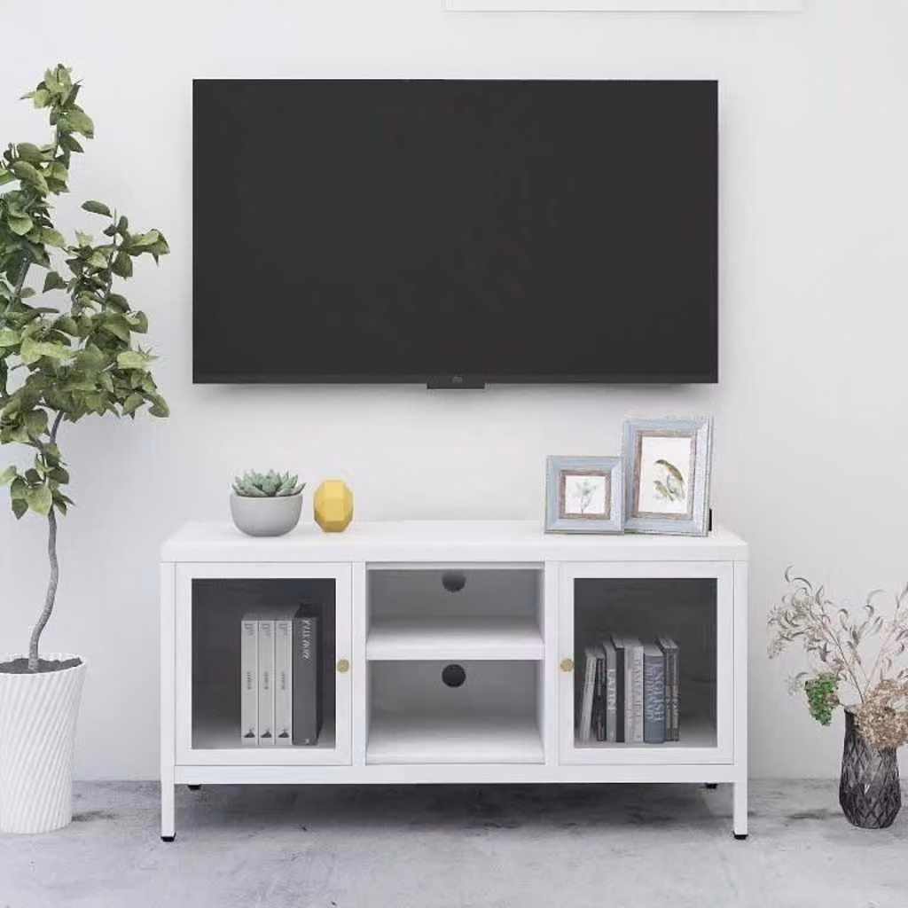 Mobile TV vidaXL Bianco in Acciaio, Vetro e MDF, L 105 cm x P 35 cm x H 52 cm