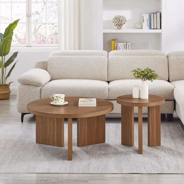 Set di 2 tavolini da caff¨¨ rotondi ¨C Minimal ¨C struttura in legno effetto rillato per soggiorno