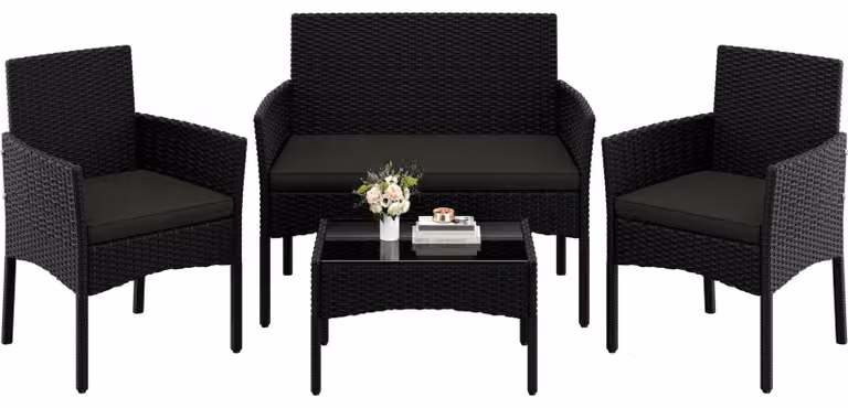 Set da giardino Polirattan - Nero e grigio - 4 pezzi con divano 2 posti, 2 poltrone e tavolino - Per terrazzo, balcone e giardino