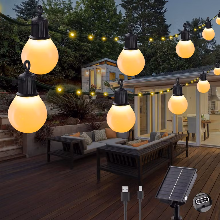 Catena luminosa solare, 10 metri, 100 LED, 20 lampadine G40, luce bianco caldo, grado di protezione IP65