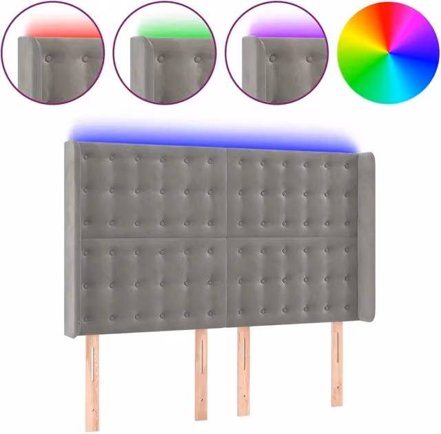 Testata del letto con illuminazione LED e porta di ricarica USB in velluto grigio chiaro, L: 147 cm, P: 16 cm, H: 118/128 cm – 1