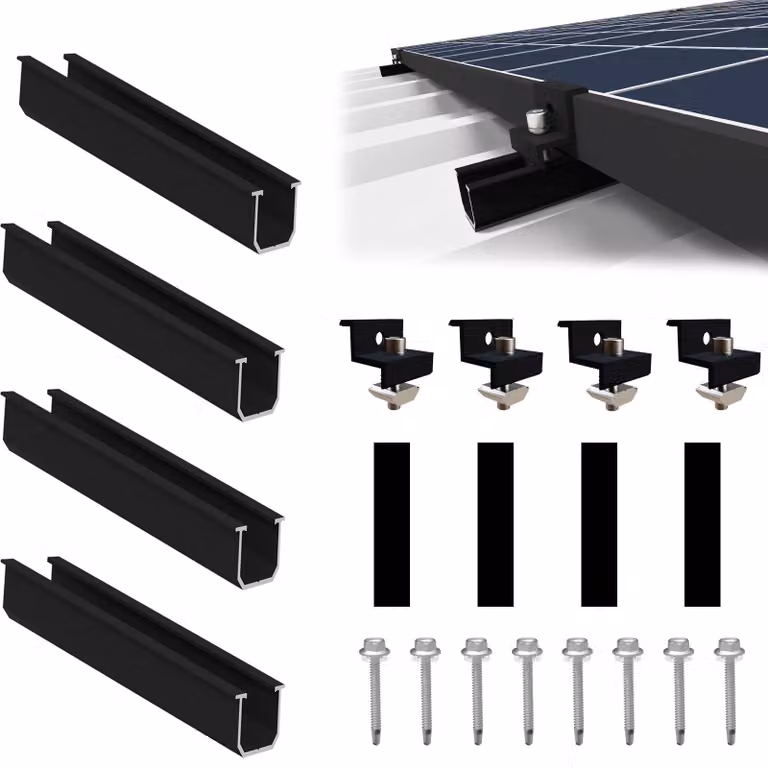 Supporto per pannello solare, per 1 modulo, kit di montaggio con guida nera e morsetti regolabili