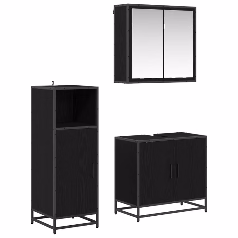 Set di mobili per il bagno vidaXL 3 pezzi in rovere e nero, composto da mobile lavabo, pensile con specchio e mobiletto laterale, L/P/H: 60 x 33 x 60 cm