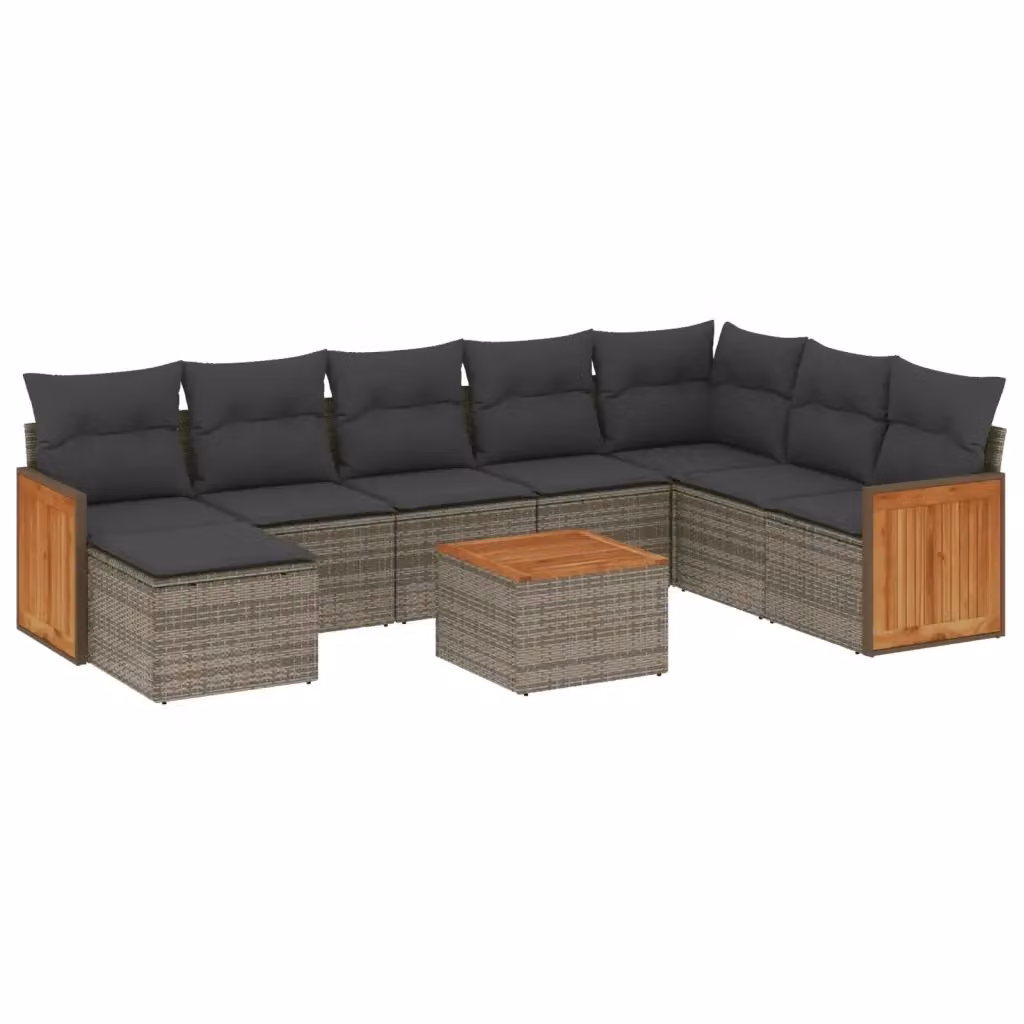 vidaXL Set Divano da Giardino a L 9 pz in Polyrattan Grigio con Cuscini e Tavolino da Esterno – 2