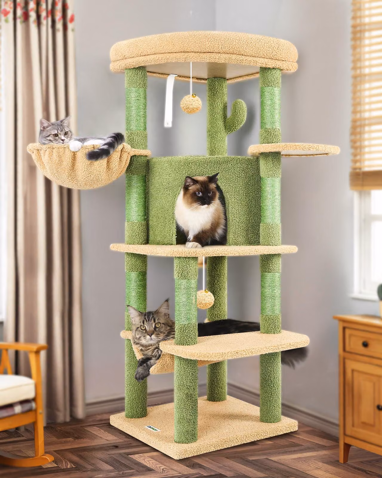 Albero per gatti angolare, alto 130 cm, verde, con casetta, piattaforma e amaca, adatto per 2-4 gatti