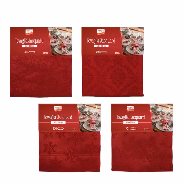 Tovaglia Natalizia Jacquard Vestiamo Casa Rossa con Motivo Floreale per 10 Posti L: 300 cm, P: 140 cm