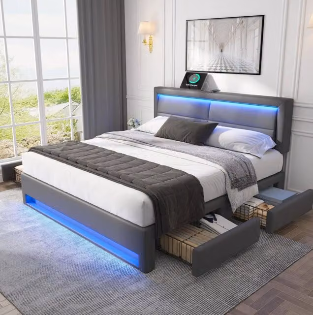 Letto imbottito 140 x 200 cm con USB, illuminazione LED e quattro cassetti, grigio in PU con motivo litchi, senza materasso