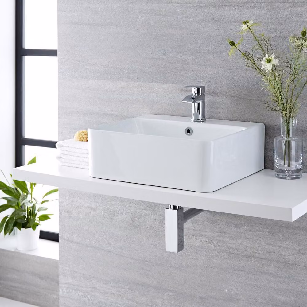 Lavabo Rettangolare da Appoggio Bianco (1 Foro per la Rubinetteria) con Anello per Troppopieno in Oro Satinato -  460mm x 420mm - Exton