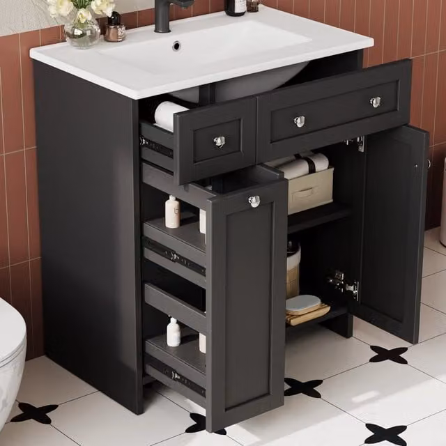 Mobile Sottolavabo ¨C Minimal ¨C Nero 76x47x86cm 8 Cassetti con chiusura ammortizzata, lavabo in ceramica