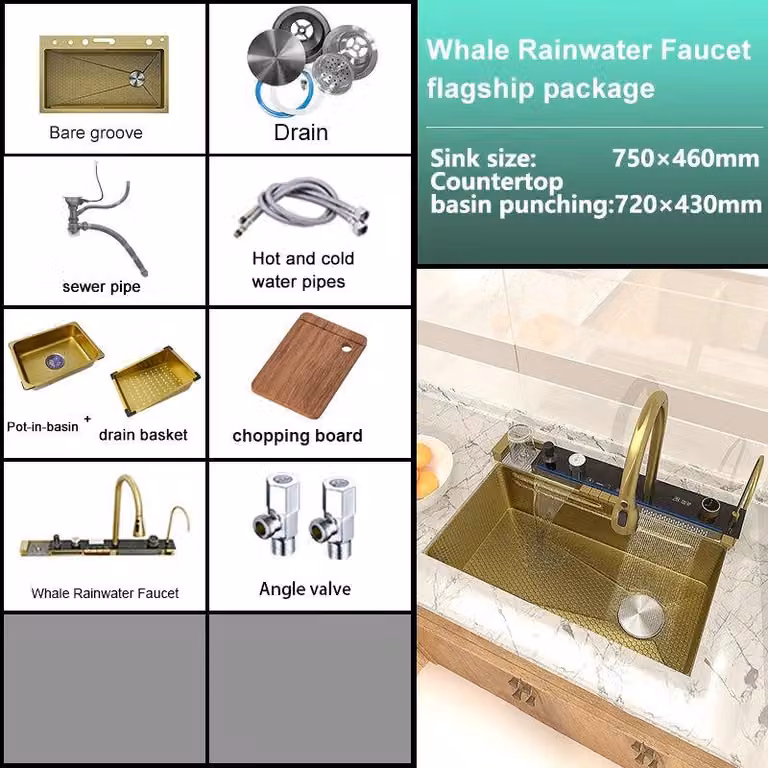 Lavello da cucina a cascata, acciaio inossidabile, multifunzionale, grande vasca singola con display digitale