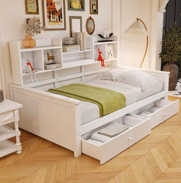 Divano letto 90x200 cm in legno con 2 cassetti e vani laterali; bianco