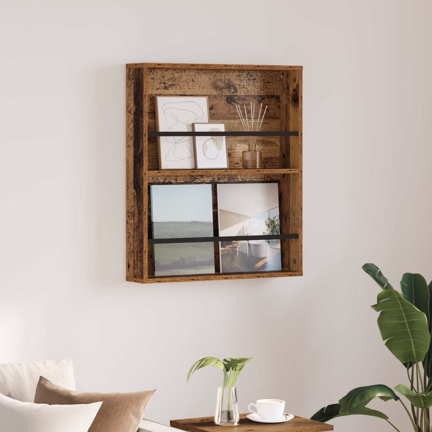 Scaffale per riviste moderno vidaXL in legno marrone con ripiani regolabili L: 60 cm, P: 12 cm, H: 70 cm