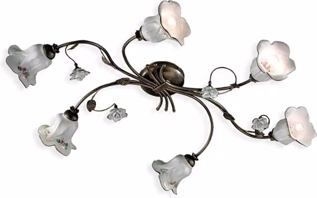 Plafoniera Classica Pisa Ferroluce in Metallo e Ceramica Nero e Oro con 6 Luci E14