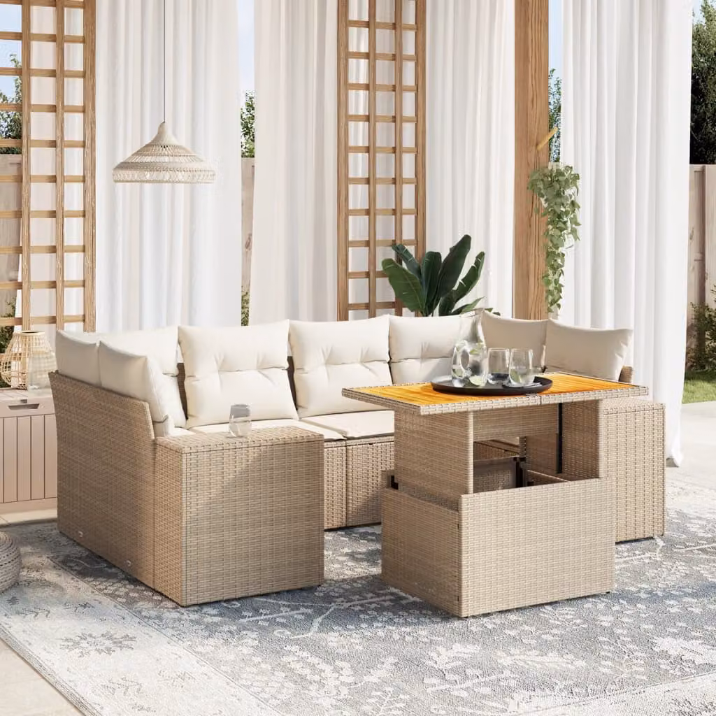 vidaXL Set Divani da Giardino 7 pz a Forma a L con Cuscini Beige e Tavolino, Struttura in Metallo e Legno di Acacia – 1