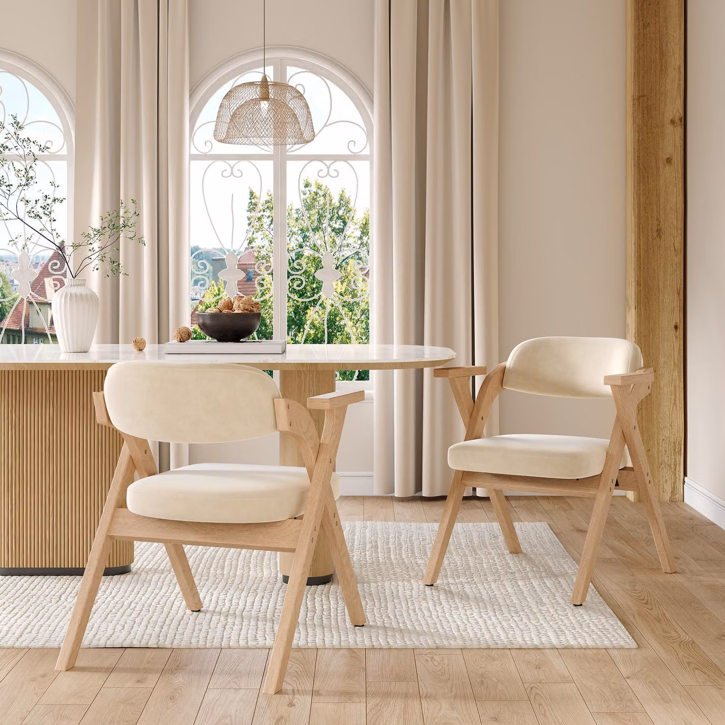 Sweiko 2 sedie da pranzo pieghevoli, sedie da pranzo in legno massiccio, comode e traspiranti, pieghevoli e stivabili, adatte per sala da pranzo, soggiorno, bar, stile moderno, cuscini in velluto, beige