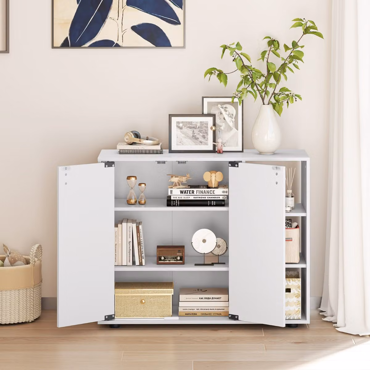 Costway Mobiletto porta scarpe moderno con ante in legno e mensole regolabili, Bianco opaco