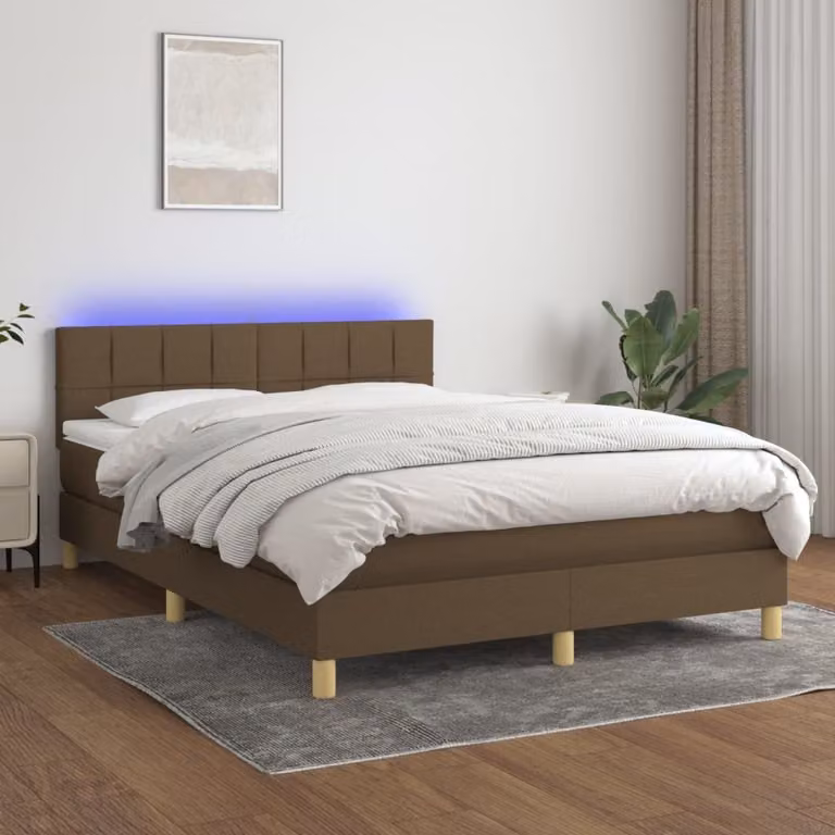 The Living Store Letto a molle con materasso e LED in tessuto marrone scuro 140x190 cm