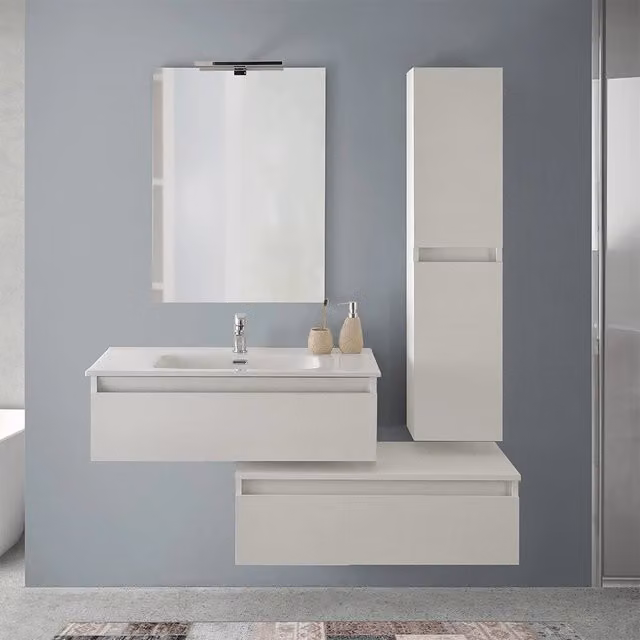Mobile bagno sospeso Nadia INBAGNO rovere bianco con lavabo e pensile L 90 cm