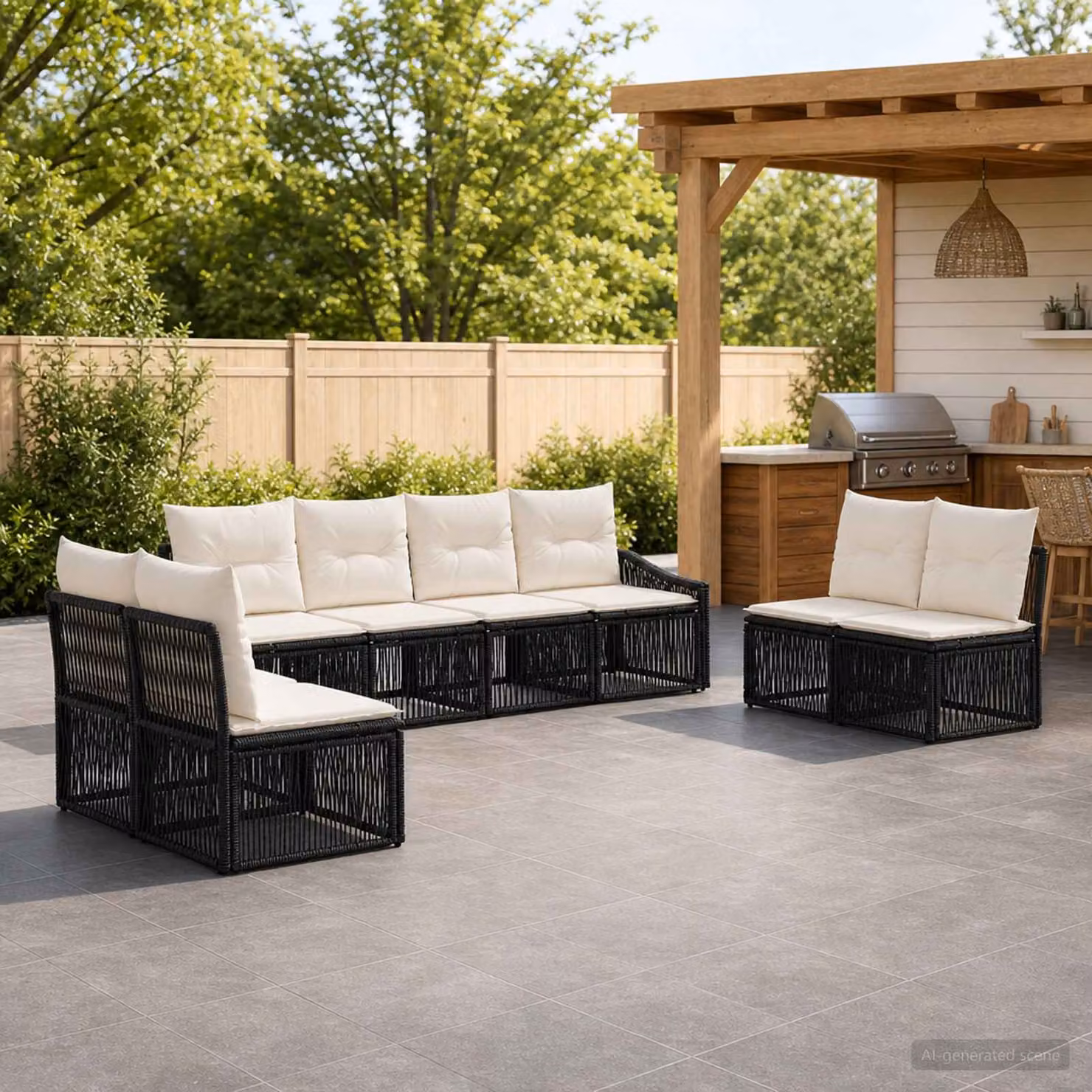 Set Divano da Giardino vidaXL 8 pz a Forma a L in Polyrattan Nero con Cuscini e Struttura in Acciaio