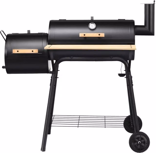 Barbecue a carbone con fumatore offset DESIGN IN nero con termometro e ruote L: 115 cm, P: 65 cm, H: 108 cm
