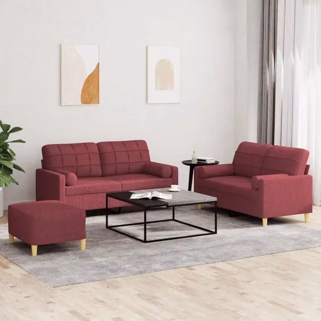 Set di divani 3 pezzi vidaXL in tessuto rosso con cuscini decorativi per soggiorno in stile moderno