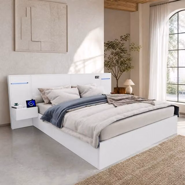Letto matrimoniale 180x200 cm in MDF bianco con Bluetooth; USB-A/USB-C; orologio; luce regolabile e 2 comodini