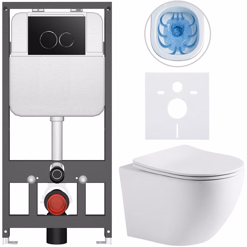 Set completo per WC sospeso "Cesso", colore bianco opaco, pulsante nero "Prime/Dualo", dimensioni 49x36 cm, adatto per installazione a parete con struttura in cartongesso
