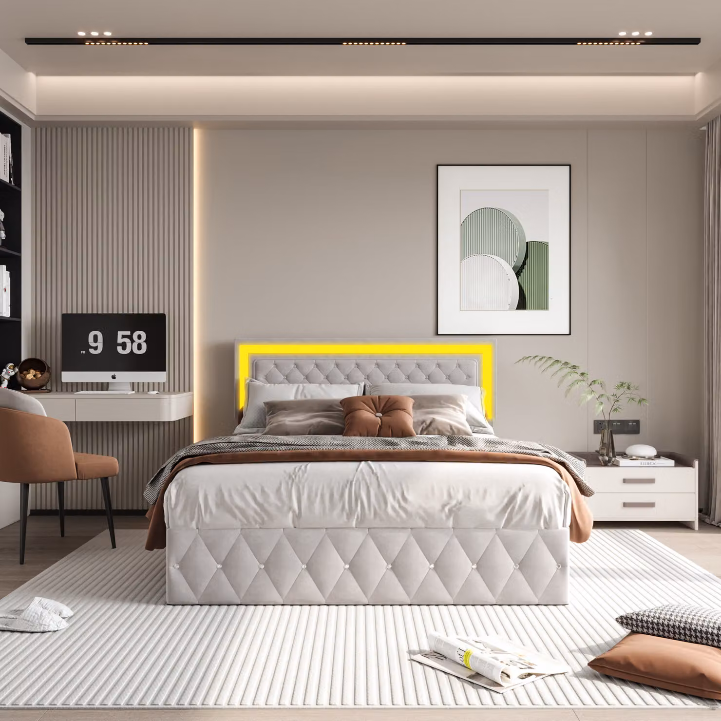 Letto Moonbite, dimensioni 140x200 cm, rivestito in velluto beige, con illuminazione LED. Altezza testiera da 106 a 112 cm. Struttura a listelli di 5 cm di larghezza e telaio letto idraulico. Materiale: velluto, colore beige