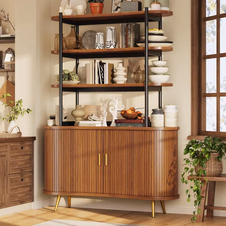 Armadio da cucina Flieks con ante a battente, ripiano superiore, scaffalatura aperta a 4 livelli, mobiletto alto con gambe in metallo dorato, credenza 120x40x183 cm, finitura in legno