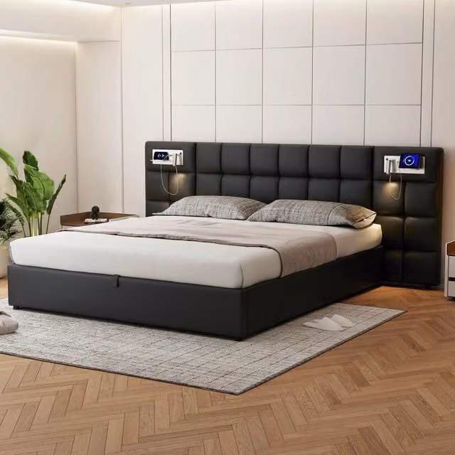 Letto matrimoniale imbottito 180x200 cm in PU nero con USB; ricarica wireless e contenitore