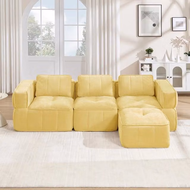 Divano angolare 3 posti con poggiapiedi ¨C Minimal ¨C giallo tessuto imbottito