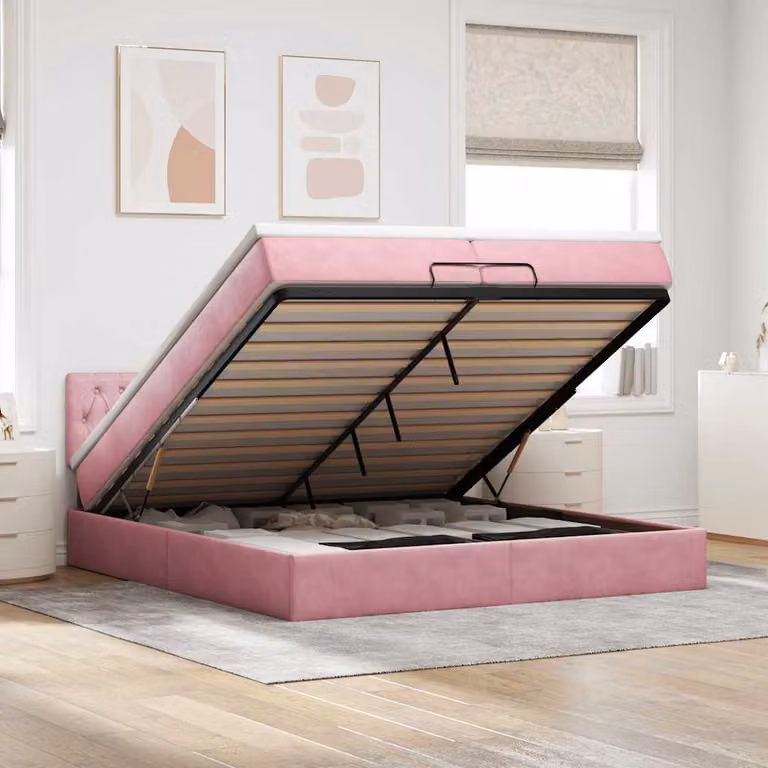 Struttura Letto con Materasso e Contenitore con Base a Sollevamento vidaXL in Velluto Rosa e Bianco L/P/H: 200 x 200 x 280 cm