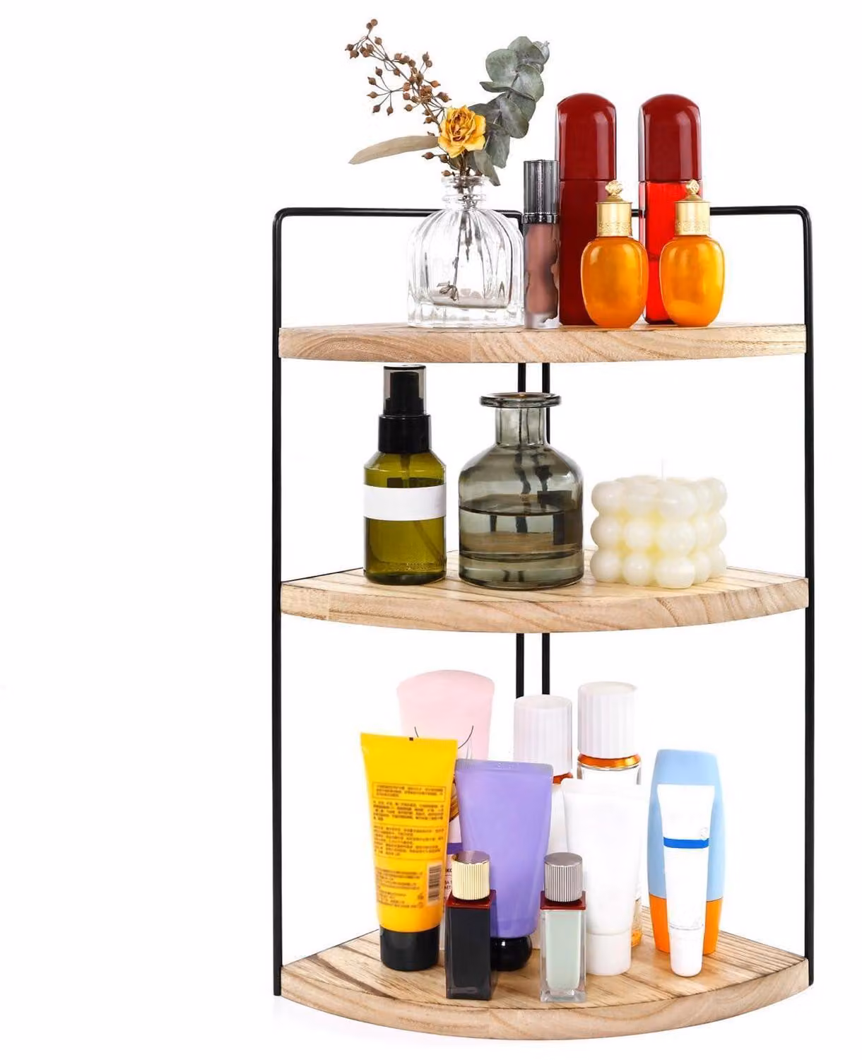 Scaffale a tre ripiani in legno naturale, ideale per il bagno, la cucina, l'ufficio o per prodotti cosmetici, con montaggio semplice