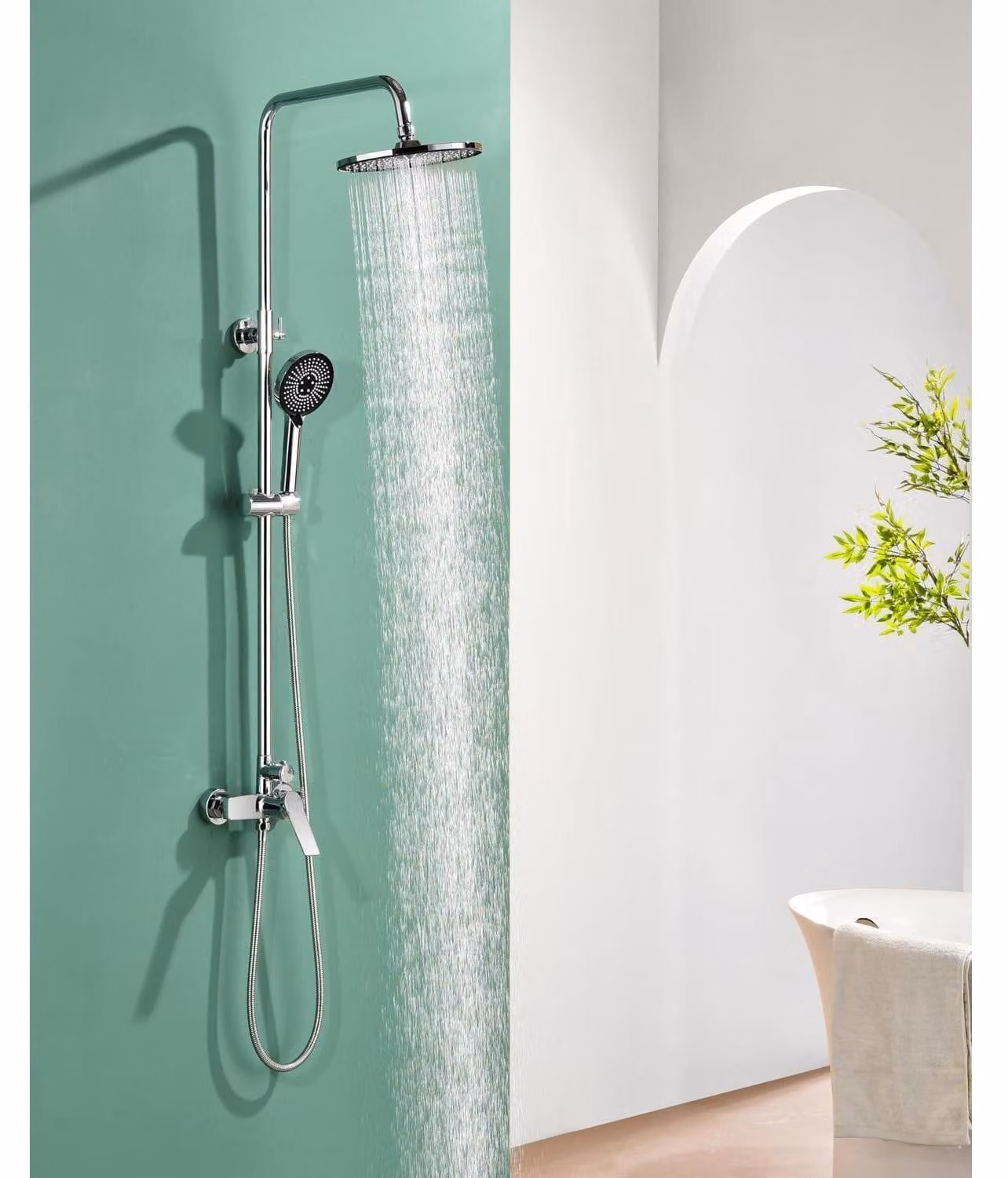 Set doccia cromato in ottone, miscelatore monocomando, 23 cm, soffione con 3 getti