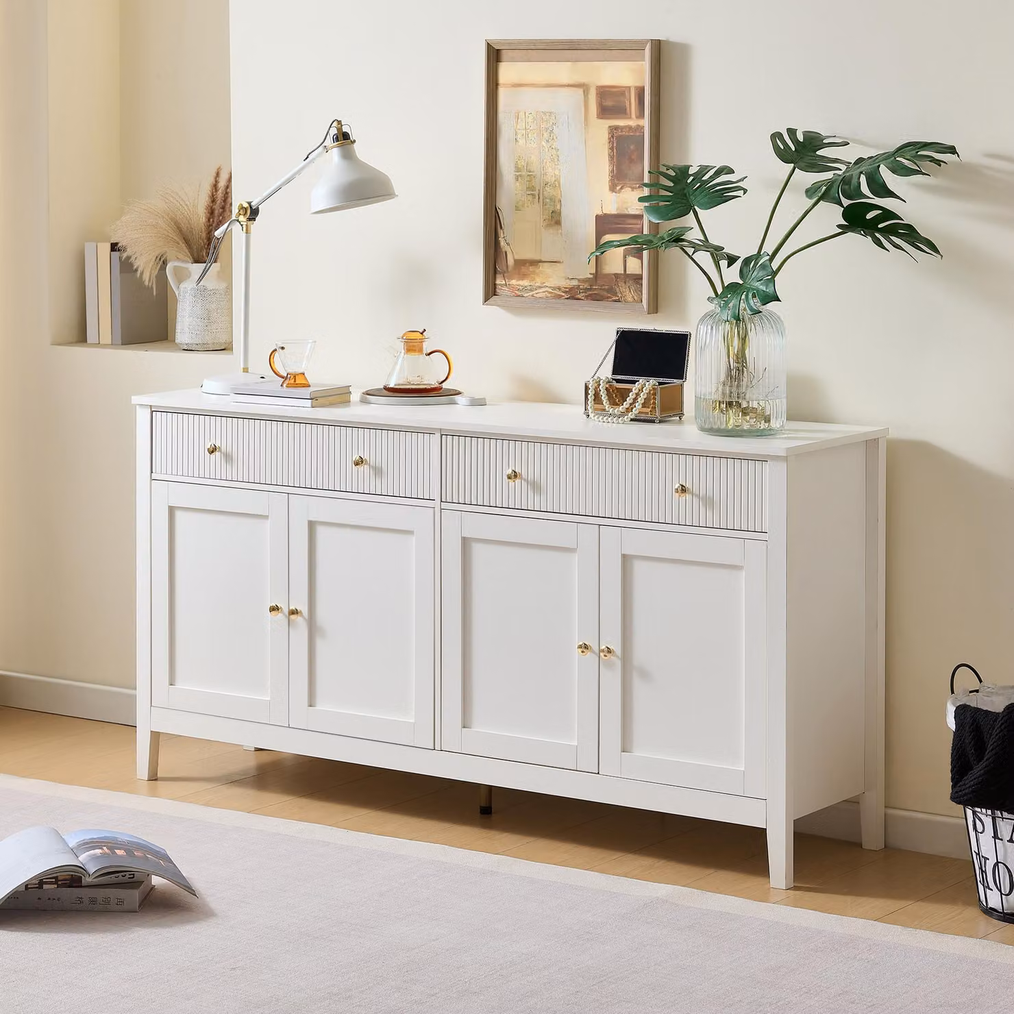 Credenza Merax con 2 cassetti e 4 ante, cassettiera con maniglie dorate, elegante mobile con ampio spazio di archiviazione in MDF, bianco