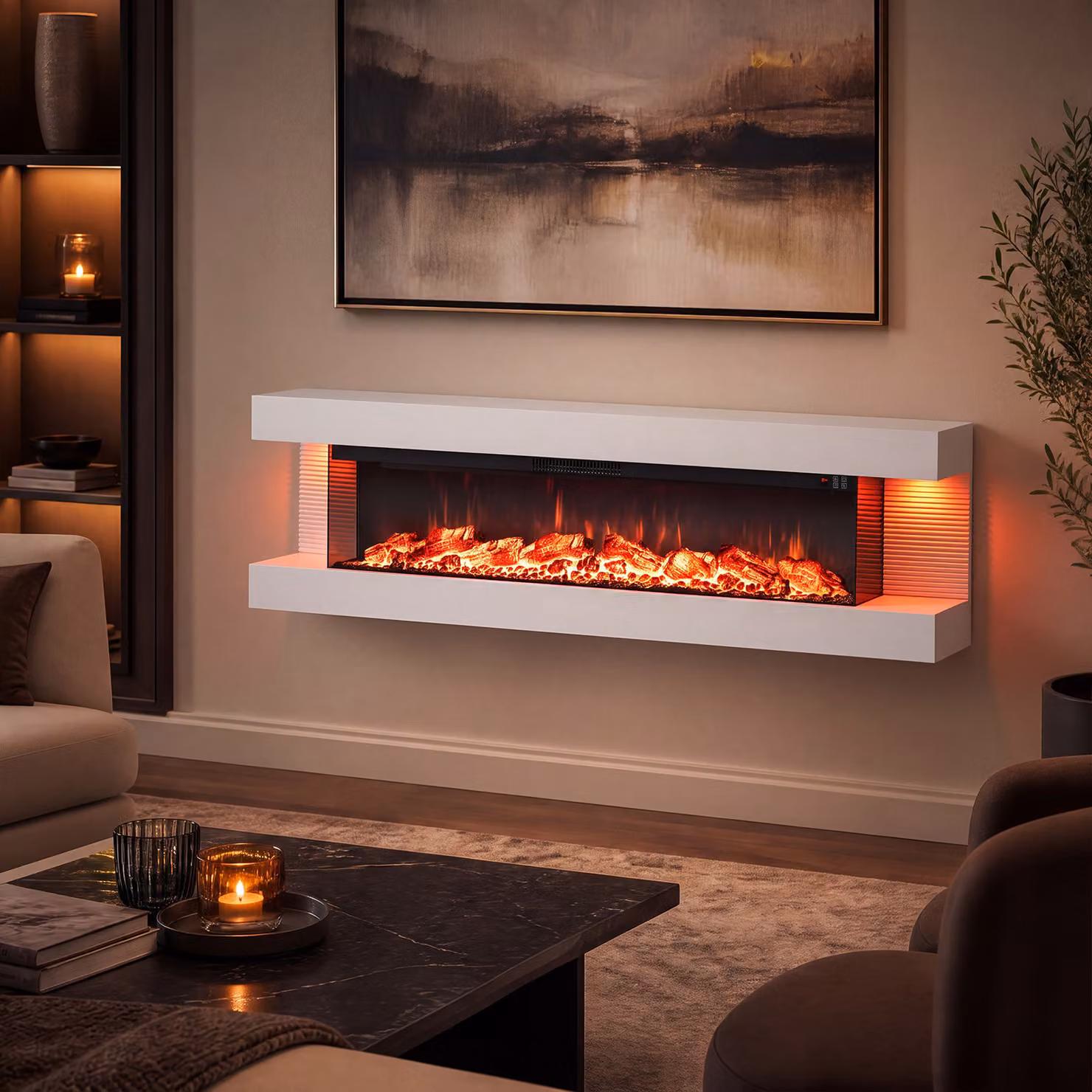 Camino elettrico Costway da parete o terra con 12 colori di fiamma e luci LED, Bianco, L 152,5 cm x H 42 cm x P 20,5 cm