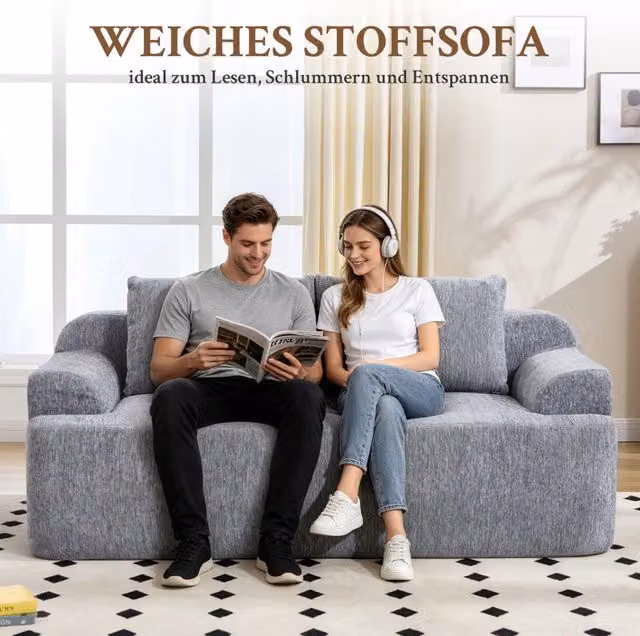 Divano modulare a doppio posto in tessuto a coste grigio con memory foam e cuscini