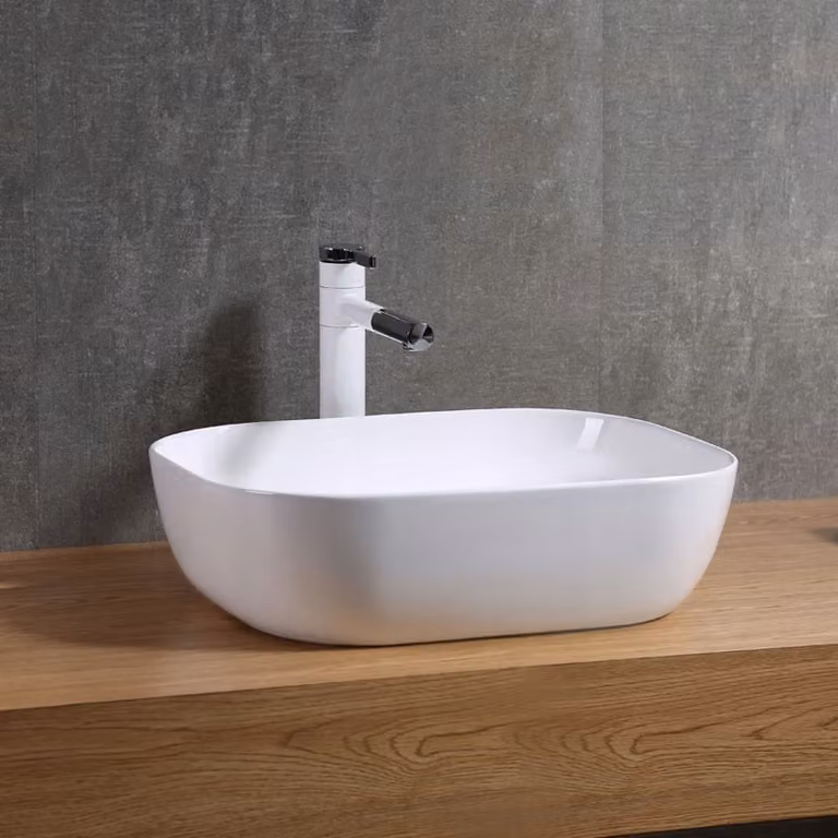 Lavabo in Vetroceramica da appoggio, colore bianco – lavabo compatto, dimensioni 41 x 31 cm