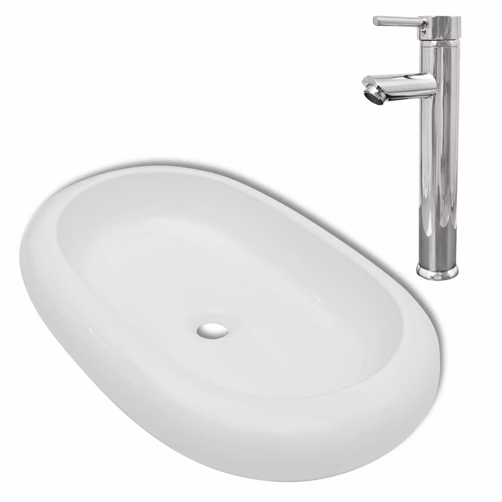 Lavello Bagno con Miscelatore in Vetroceramica Ovale Bianco