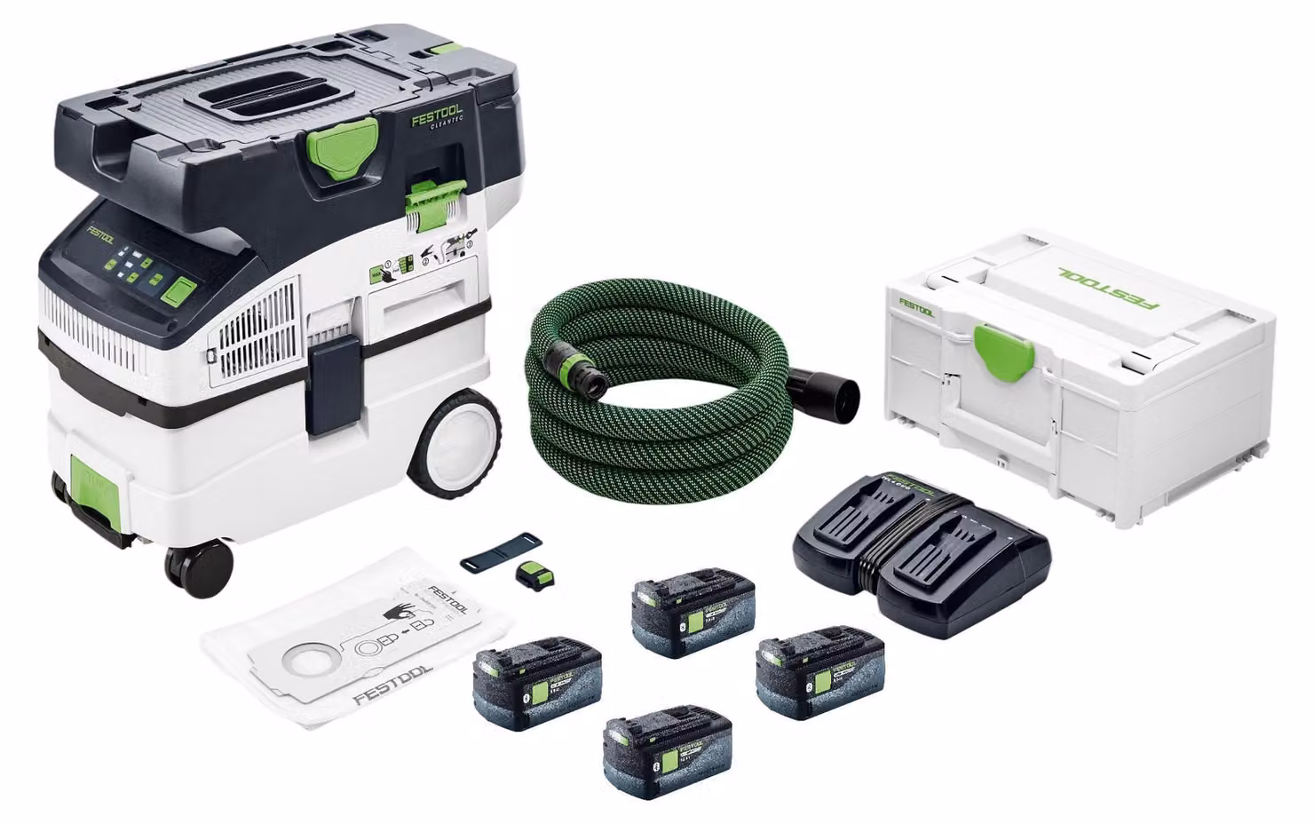 Festool CTLC MIDI I-Basic Aspiratore portatile a batteria 36 V (2x 18 V) Classe di polveri L + 4 batterie da 5,0 Ah + doppio caricabatterie + Systainer