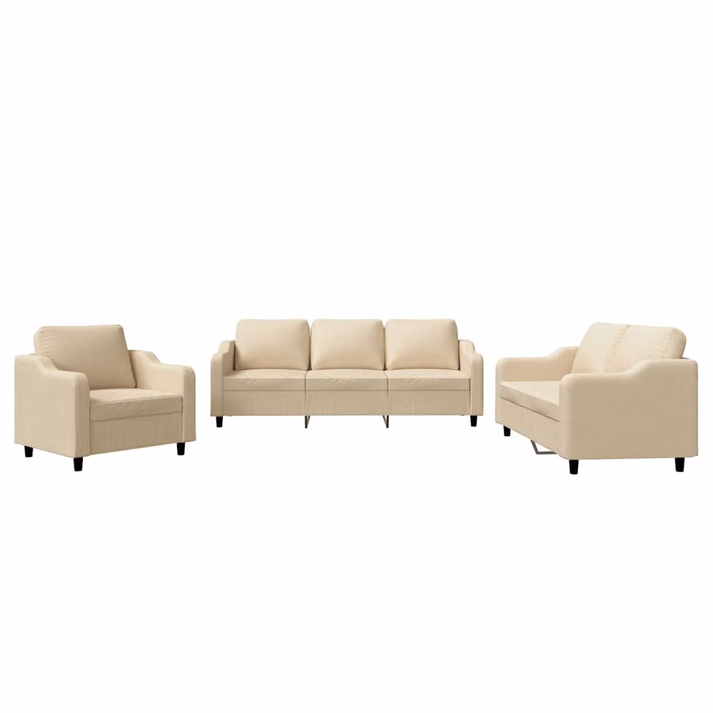 Set di Divani 3 pz con Cuscini Crema in Tessuto